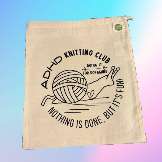 Drawstring Project Bag ADHD Knitting Club Black and White